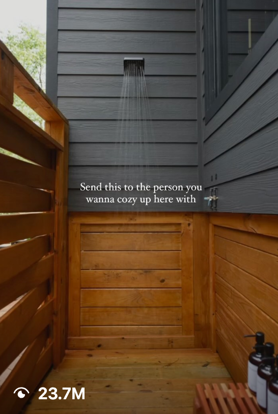 Short-form video sample of an outdoor shower at a cabin
